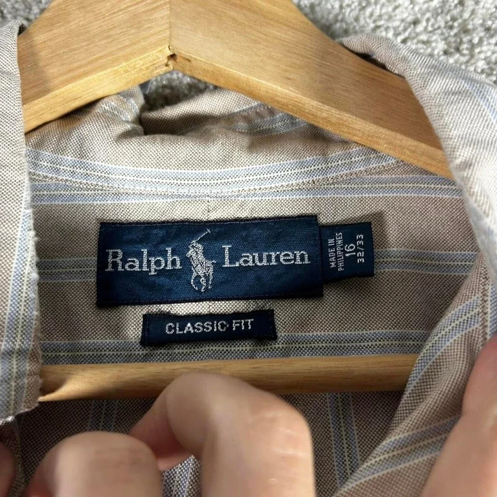 Men's vintage Polo Ralph Lauren tan and blue striped long sleeve button up L